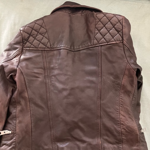All Saints Quilted Maroon Brown Leather Jacket - Picture 2 of 5